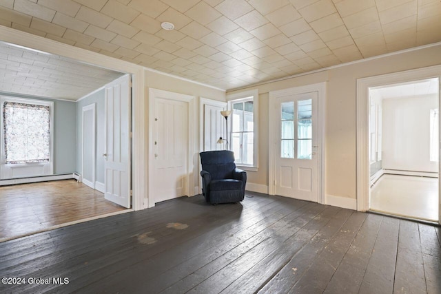 entrance foyer with baseboard heating, dark hardwood / wood-style floors, and ornamental molding