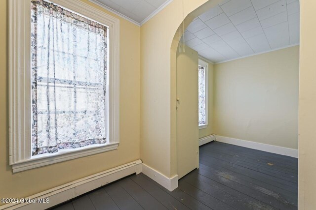 foyer featuring a healthy amount of sunlight, dark hardwood / wood-style flooring, ornamental molding, and a baseboard radiator