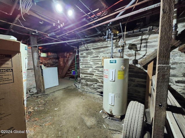 basement featuring washer / clothes dryer and electric water heater