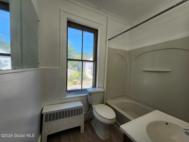 full bathroom featuring shower / tub combination, radiator, crown molding, toilet, and wood-type flooring