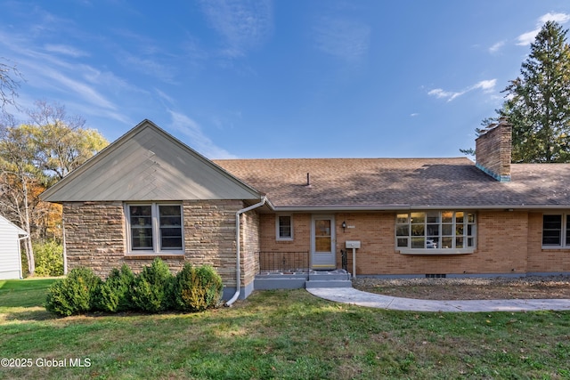 1258 Hawthorn Rd, Niskayuna, NY 12309 - ranch-style house featuring a front yard, a chimney, a shingled roof, and brick siding
