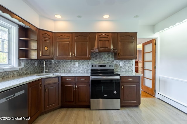 1258 Hawthorn Rd, Niskayuna, NY 12309 - kitchen featuring appliances with stainless steel finishes, custom exhaust hood, a sink, baseboard heating, and decorative backsplash