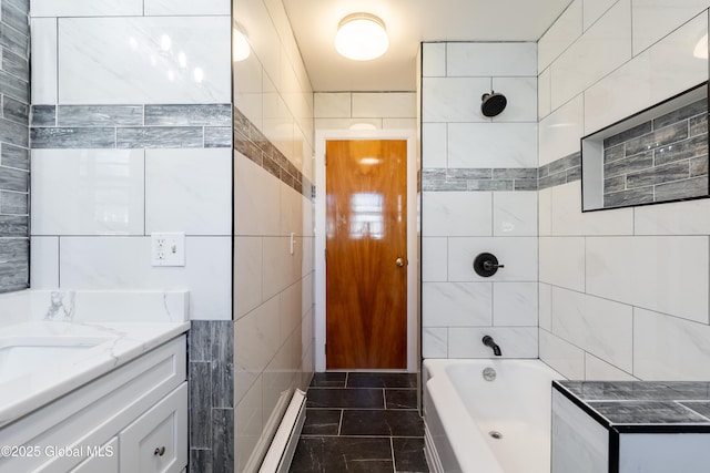 1258 Hawthorn Rd, Niskayuna, NY 12309 - bathroom featuring tile walls, a baseboard heating unit, tub / shower combination, vanity, and tile patterned floors
