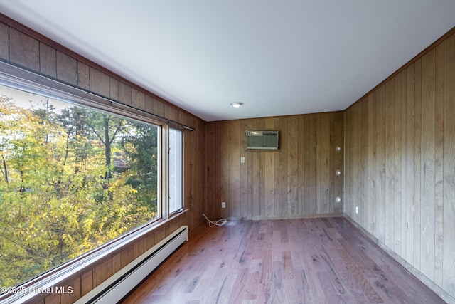 1258 Hawthorn Rd, Niskayuna, NY 12309 - empty room featuring wood finished floors, baseboard heating, a wall mounted air conditioner, and wood walls