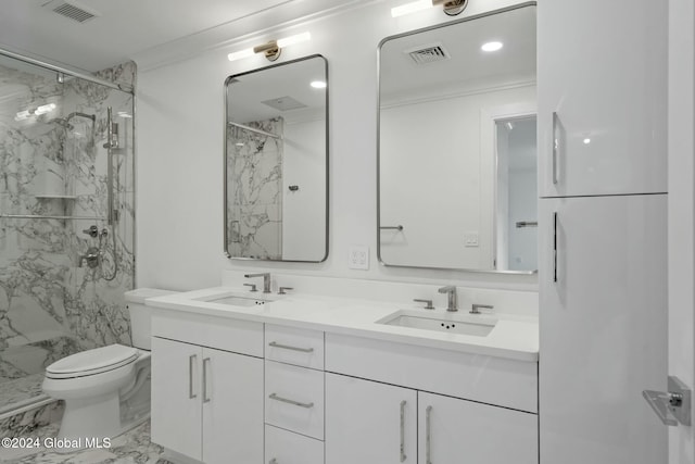 full bathroom featuring a sink, visible vents, toilet, and marble finish floor