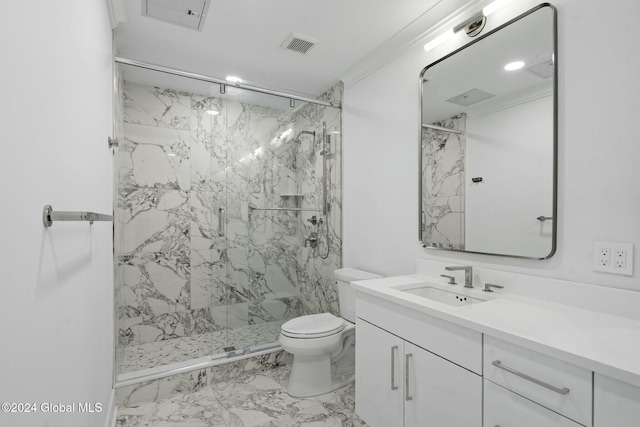 bathroom featuring a marble finish shower, visible vents, marble finish floor, and toilet