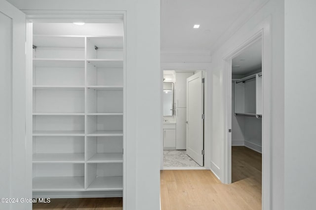 hallway featuring wood finished floors and crown molding