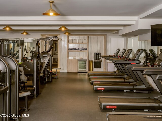 workout area with beverage cooler