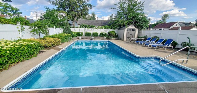 view of swimming pool with a patio area and a storage unit