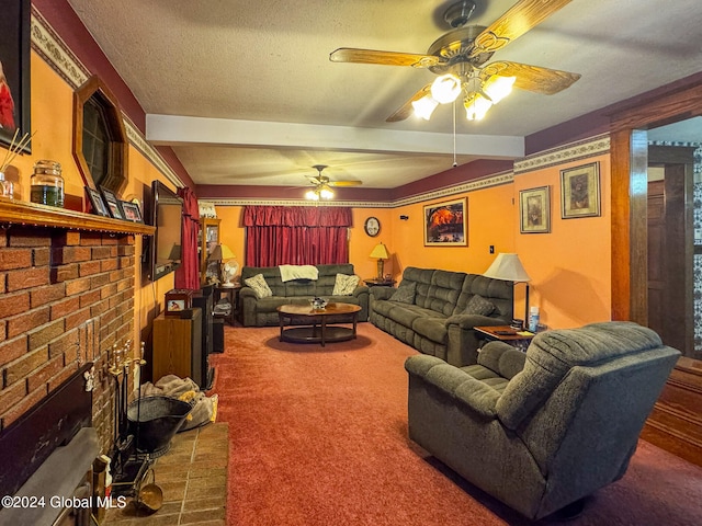 carpeted living room featuring ceiling fan, beam ceiling, a textured ceiling, and a brick fireplace