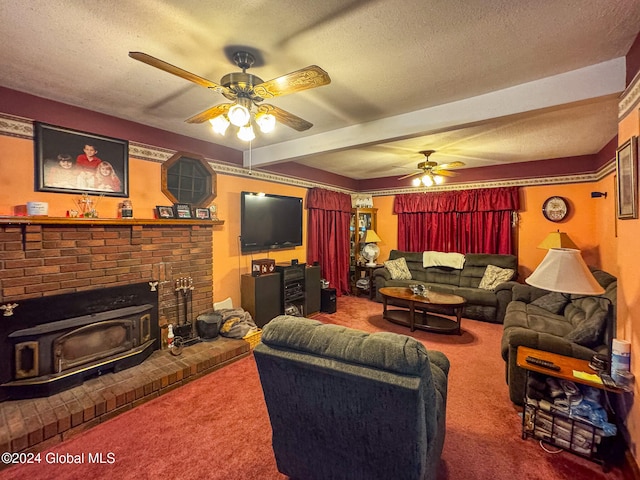 living room featuring a textured ceiling, carpet floors, and a wood stove