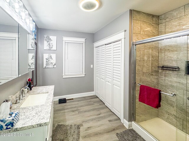 bathroom with vanity, wood-type flooring, and walk in shower