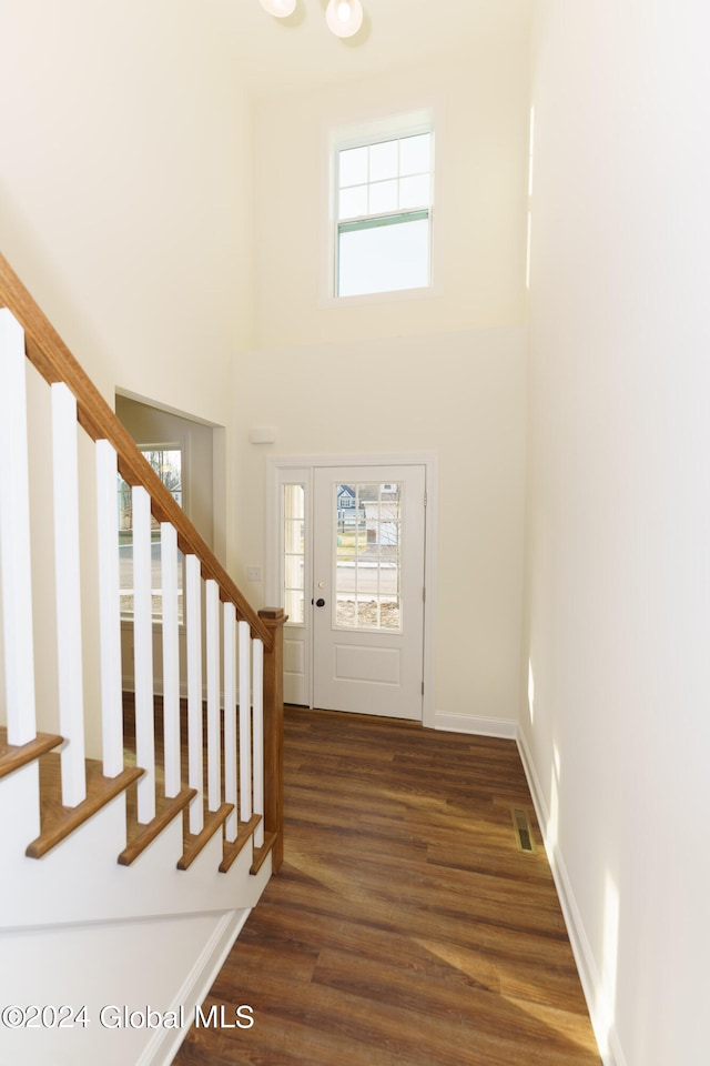 entrance foyer featuring dark hardwood / wood-style floors and a high ceiling