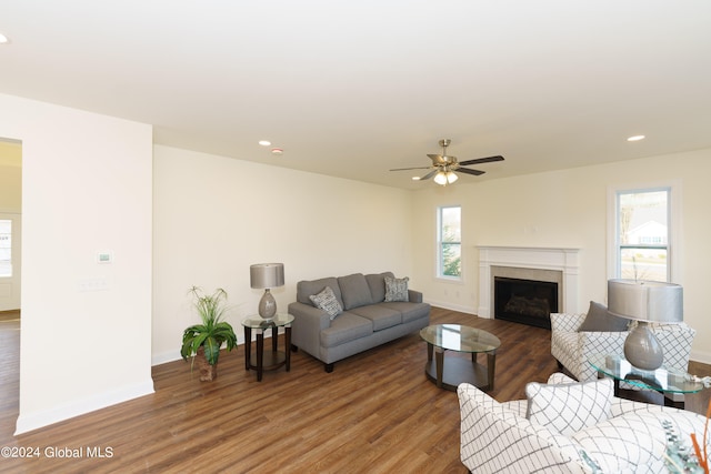 living room with hardwood / wood-style floors and ceiling fan