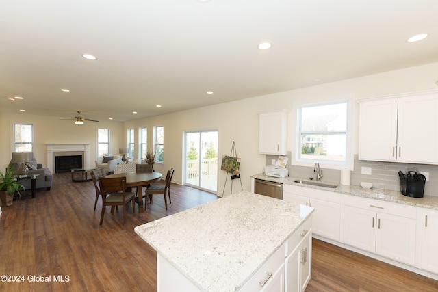 kitchen featuring stainless steel dishwasher, a center island, sink, and white cabinets