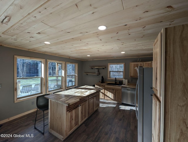 kitchen featuring stainless steel appliances, a kitchen bar, dark hardwood / wood-style floors, wood ceiling, and a center island