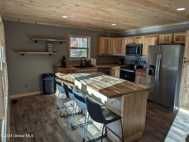 kitchen with black appliances, a kitchen bar, dark hardwood / wood-style floors, wood ceiling, and sink