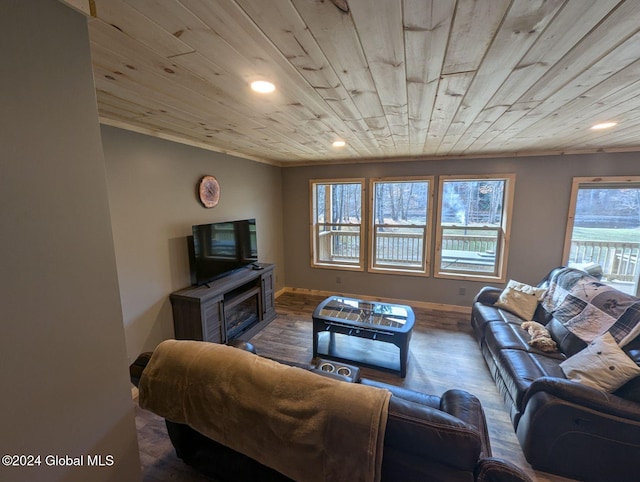 living room with wood ceiling and hardwood / wood-style floors