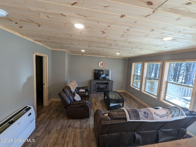 living room with a fireplace, wood-type flooring, and wooden ceiling