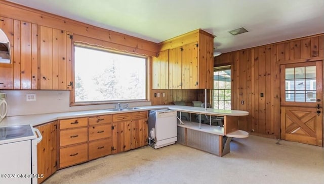 75 E Main St, Johnstown, NY 12095 - kitchen featuring white appliances, light colored carpet, light countertops, and wood walls
