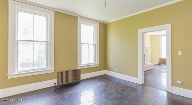 75 E Main St, Johnstown, NY 12095 - spare room featuring radiator heating unit, dark wood-type flooring, plenty of natural light, ornamental molding, and radiator