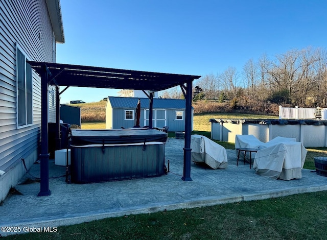 view of patio / terrace with a swimming pool with hot tub, a pergola, and a shed