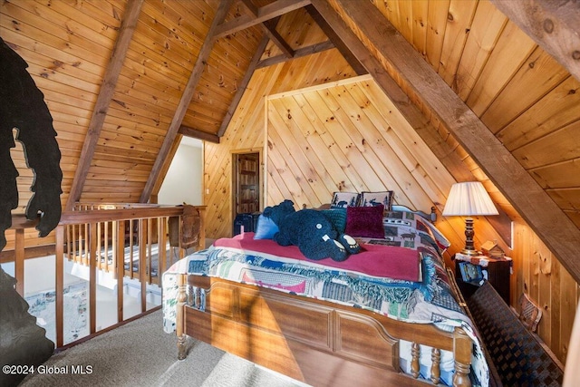 bedroom featuring carpet flooring, lofted ceiling with beams, wood walls, and wooden ceiling