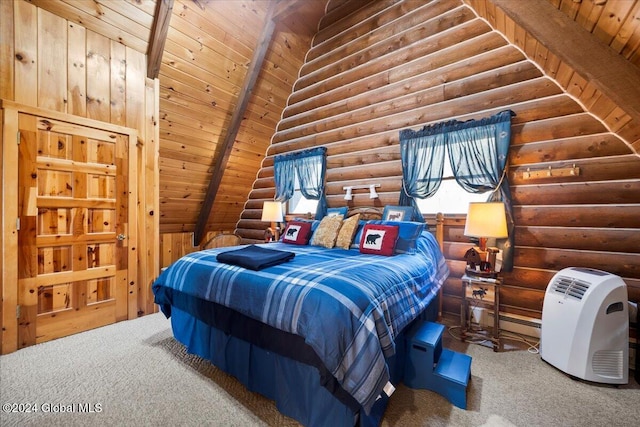 bedroom featuring vaulted ceiling with beams, log walls, carpet floors, and wooden ceiling