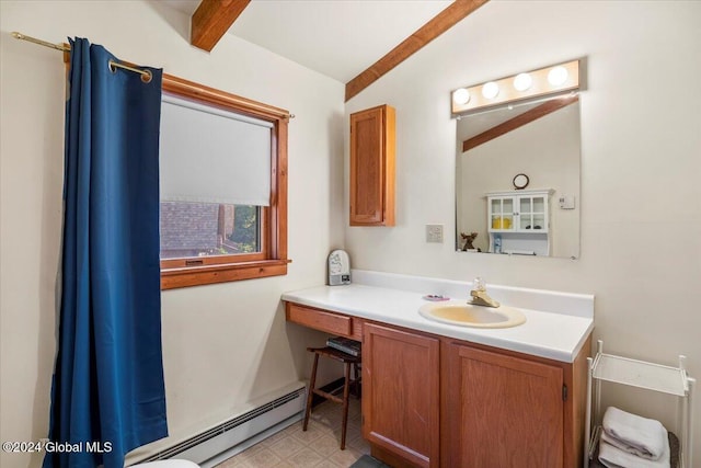 bathroom featuring vaulted ceiling with beams, vanity, and a baseboard heating unit