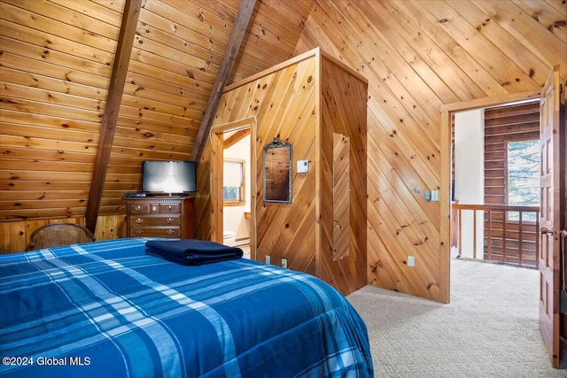 carpeted bedroom featuring vaulted ceiling with beams, wood ceiling, and wooden walls