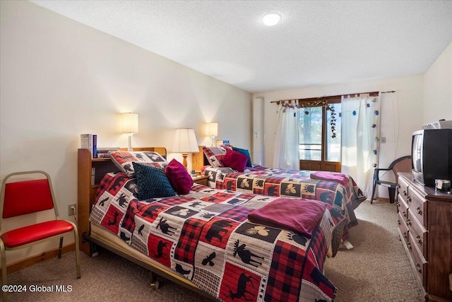 carpeted bedroom with a textured ceiling