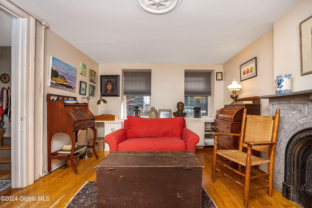 living room featuring a fireplace and hardwood / wood-style flooring