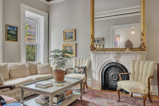 49A Dove St, Albany, NY 12210 - living room with ornamental molding, a fireplace with flush hearth, and wood finished floors