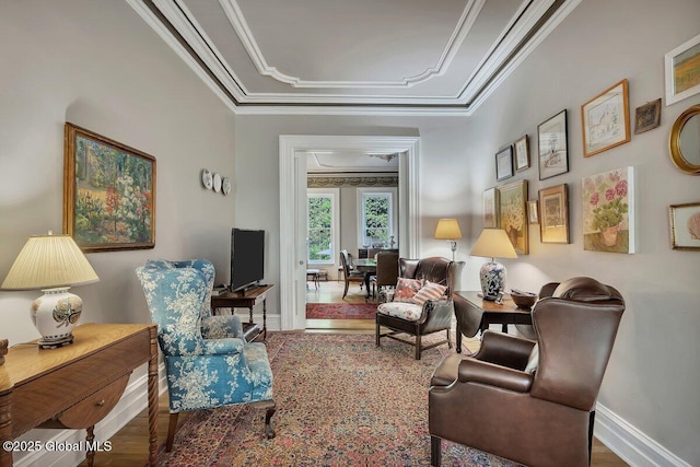 49A Dove St, Albany, NY 12210 - sitting room featuring baseboards, crown molding, and wood finished floors