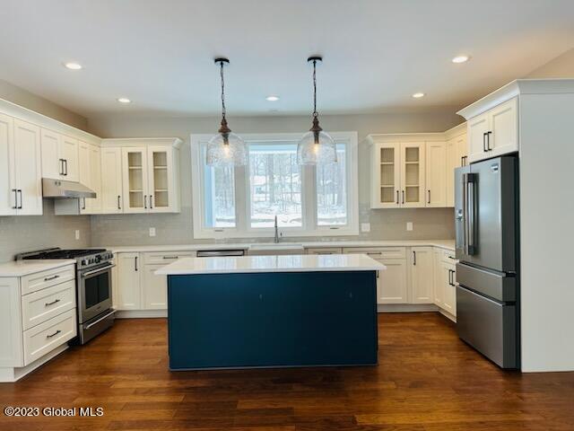 kitchen featuring dark hardwood / wood-style flooring, appliances with stainless steel finishes, and white cabinets