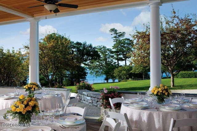 view of patio featuring ceiling fan