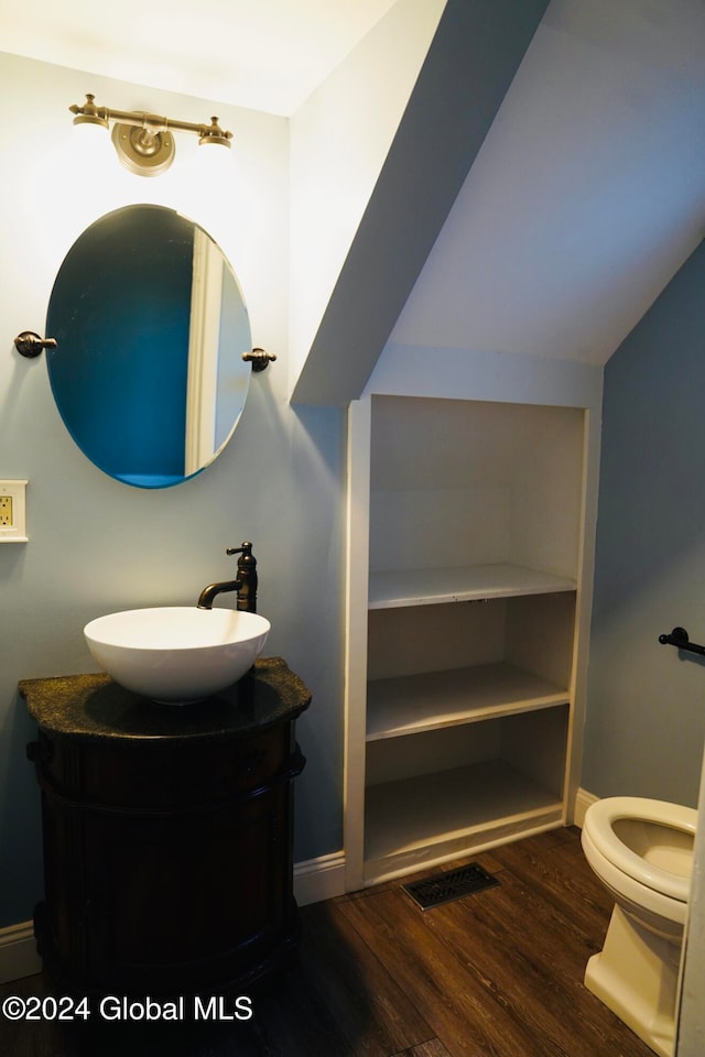 bathroom featuring hardwood / wood-style floors, vanity, and toilet