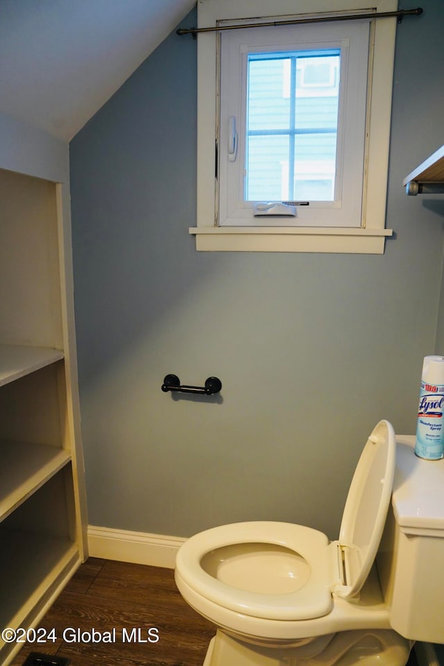 bathroom featuring toilet, lofted ceiling, and wood-type flooring