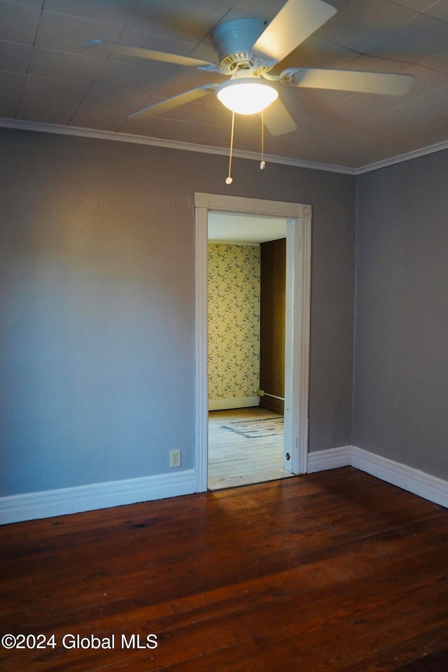 empty room featuring hardwood / wood-style floors, ceiling fan, and crown molding