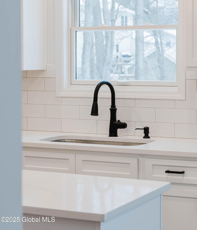 details featuring white cabinetry, sink, and backsplash