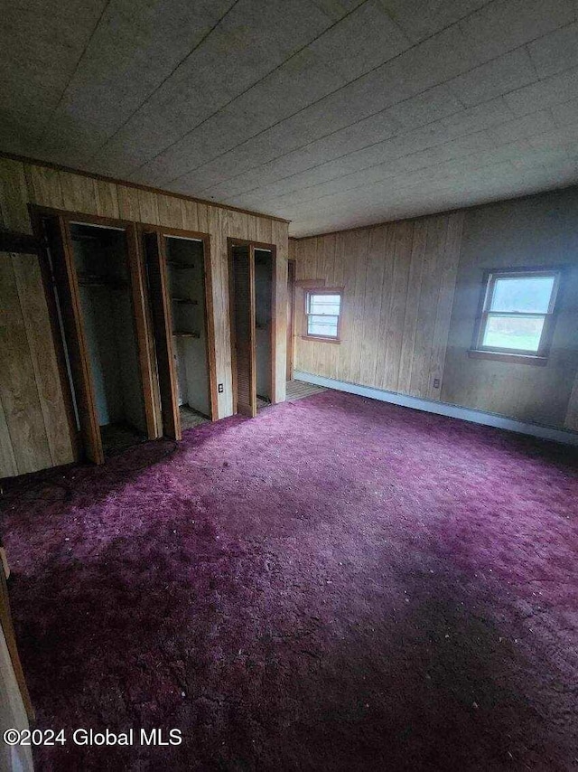 interior space with wood walls and carpet flooring