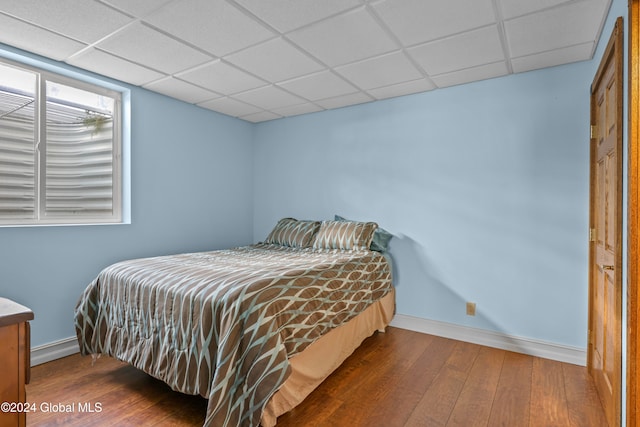 bedroom featuring a drop ceiling and dark hardwood / wood-style flooring