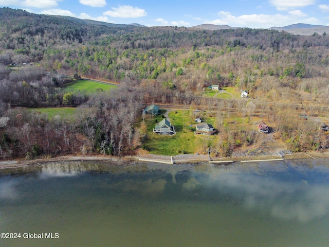 bird's eye view featuring a water and mountain view