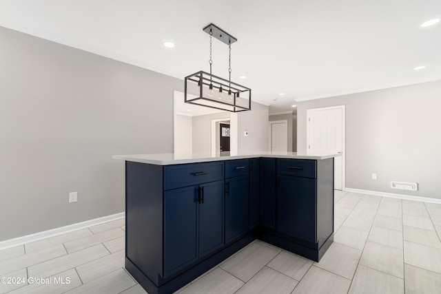 kitchen with blue cabinets, crown molding, pendant lighting, a notable chandelier, and a kitchen island