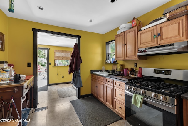 kitchen featuring sink, stainless steel gas range, and a healthy amount of sunlight