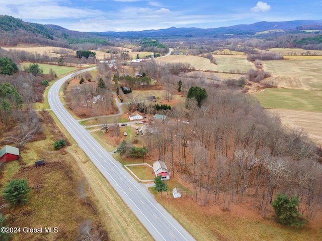 aerial view featuring a mountain view and a rural view