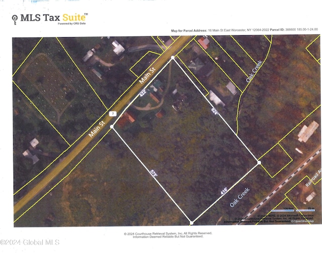 16 Main St, Worcester, NY 12064 - aerial map of property and surrounding area featuring property boundaries highlighted