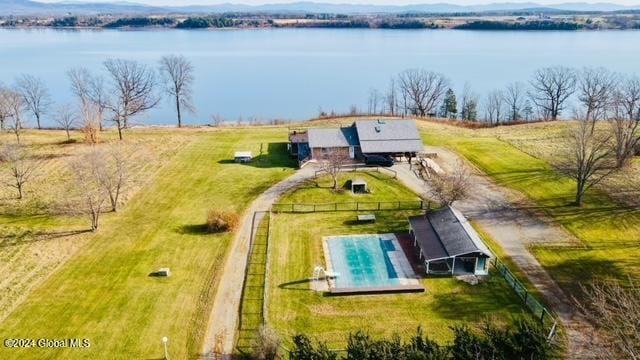 aerial view with a water view and a rural view