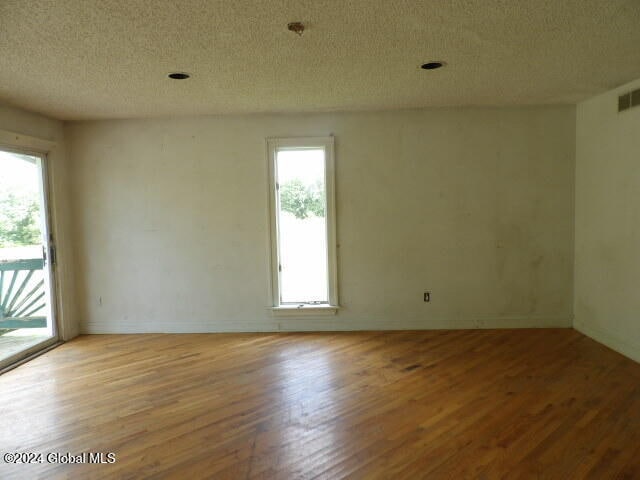 spare room featuring a wealth of natural light, a textured ceiling, and hardwood / wood-style flooring