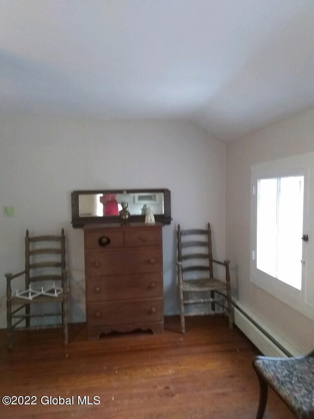 sitting room with hardwood / wood-style floors and lofted ceiling